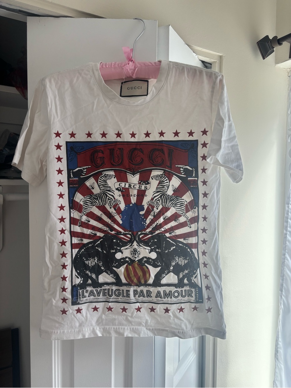 Gucci White Tee with Red, Blue & Black Circus Graphic